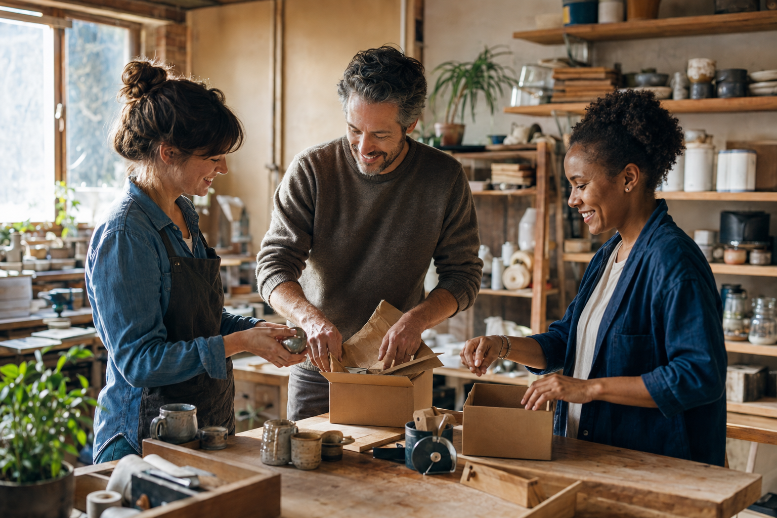 Small-business owners working together in a pottery workshop