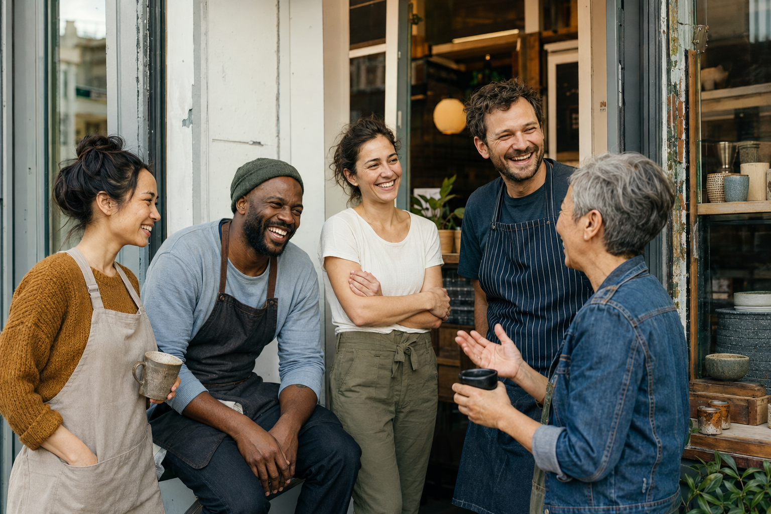 Local small-business owners sharing a candid moment outside their shop