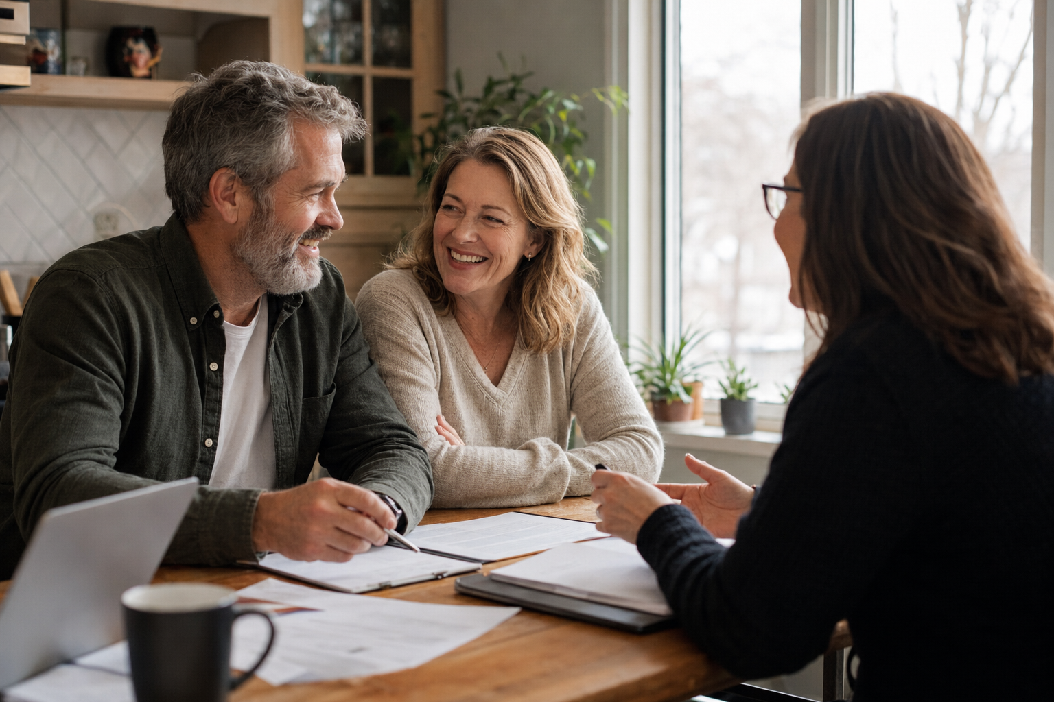 A couple sharing a relaxed conversation with their accountant